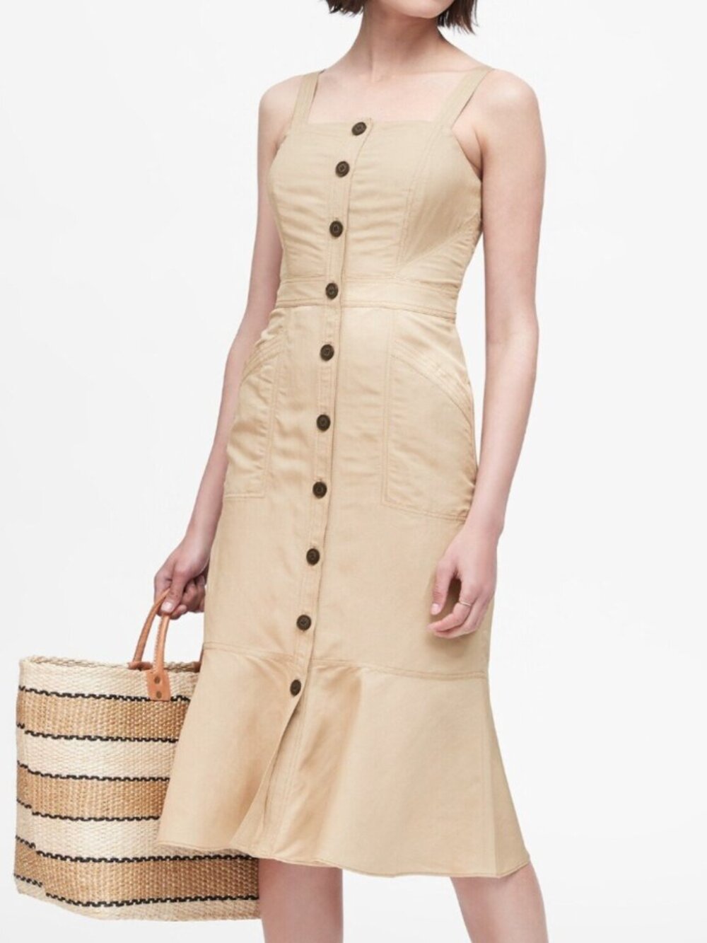 Banana Republic Linen Blend‎ Button Down Safari Midi Dress with Ruffle Hem SZ 0